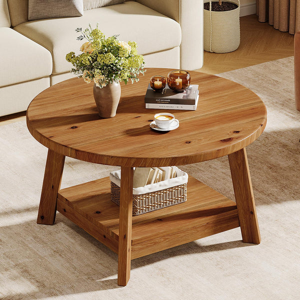 Round Solid Wood Coffee Table with Storage Shelf