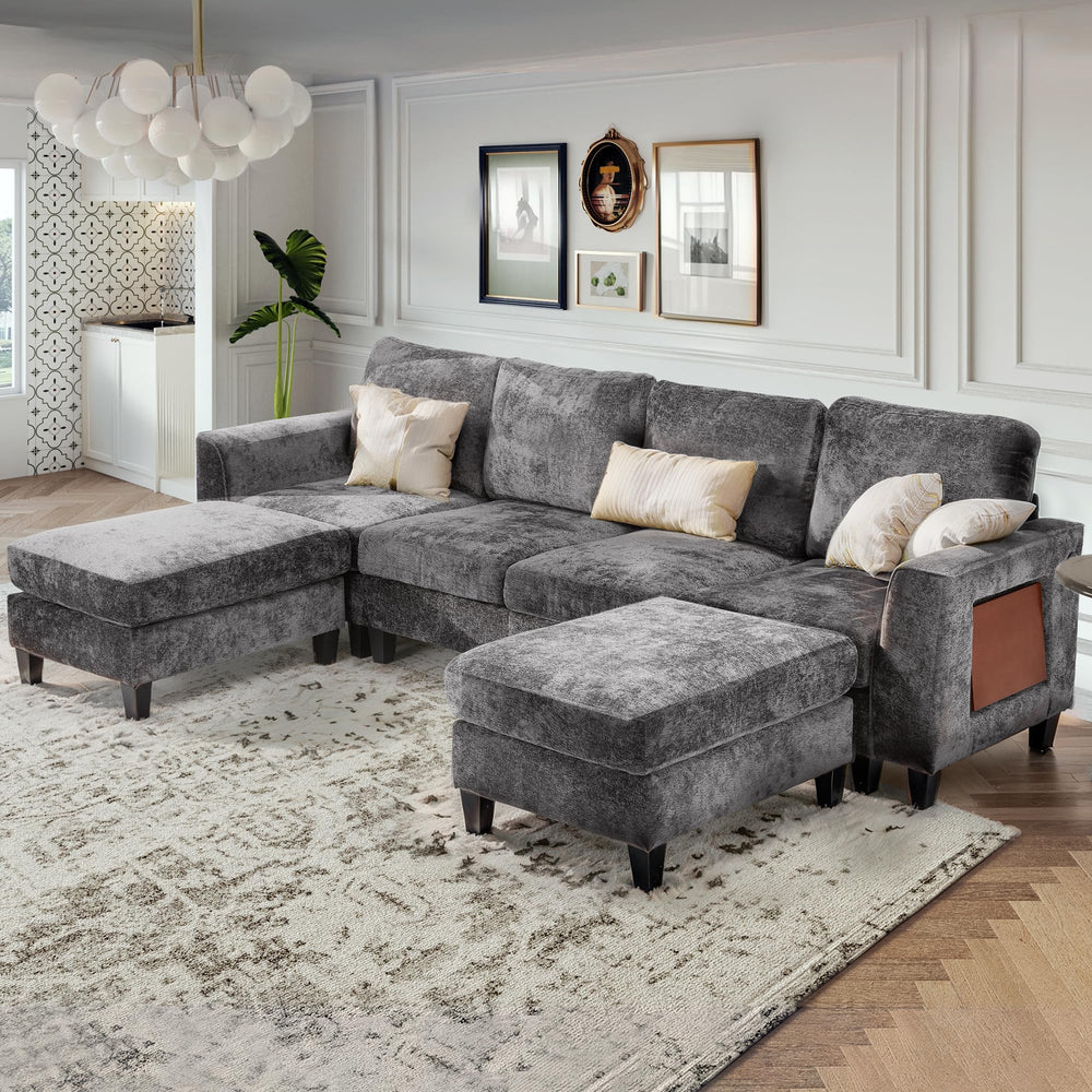118" Modular Sectional Sofa with Ottomans, USB Ports & Foldable Side Table