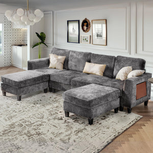 118" Modular Sectional Sofa with Ottomans, USB Ports & Foldable Side Table