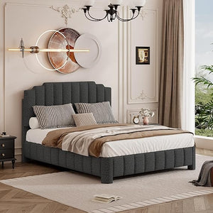 Queen Bed Frame with Adjustable Headboard & Boucle Upholstery