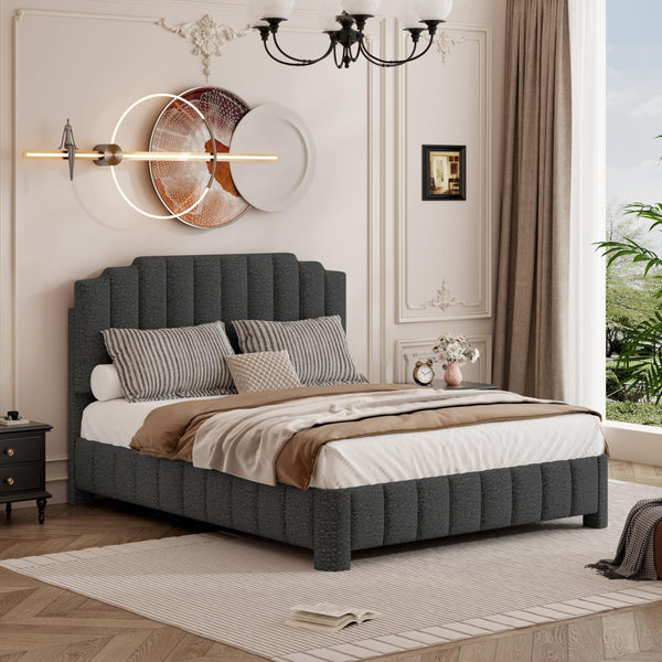 Queen Bed Frame with Adjustable Headboard – Boucle Upholstered Platform Bed