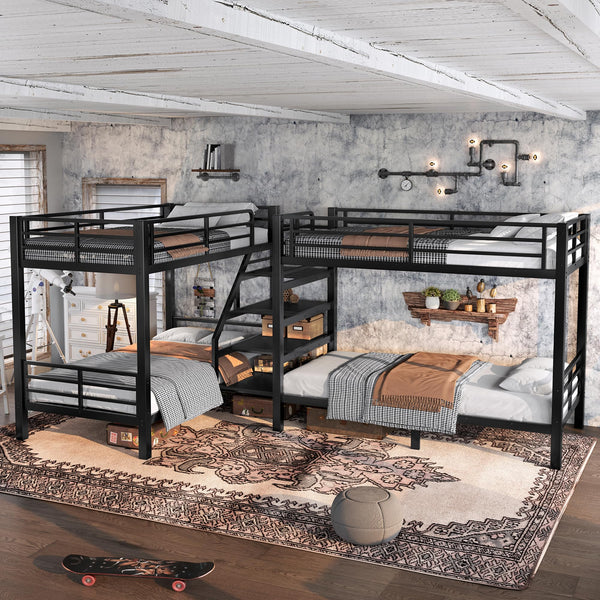 L-Shaped Metal Quad Bunk Bed with Stairs – Twin Size for 4