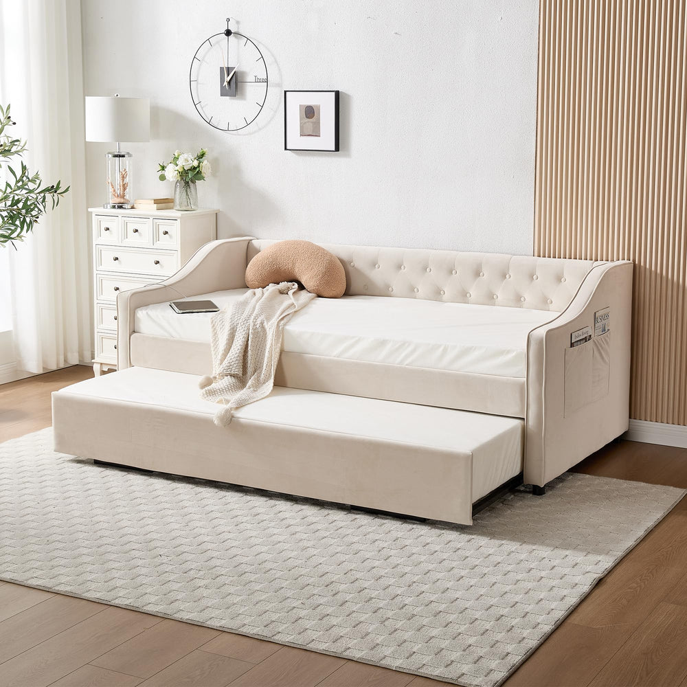 Twin Velvet Daybed with Pop-Up Trundle & USB Ports