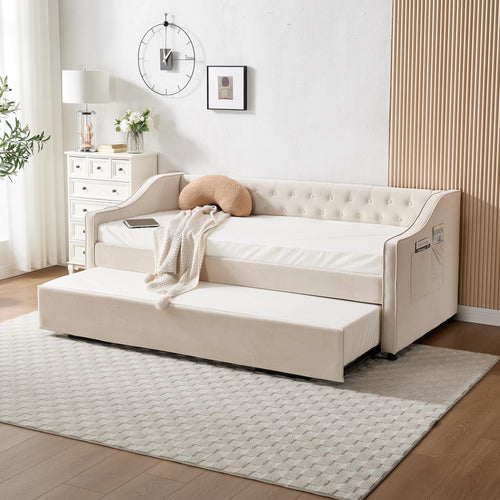 Twin Velvet Daybed with Pop-Up Trundle & USB Ports