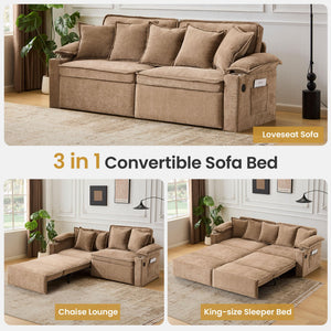 King Size Pull Out Sofa Bed – 3-in-1 Convertible Sleeper Sofa with Storage & USB Ports