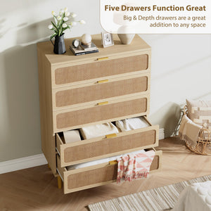 5-Drawer Rattan Dresser with Wide Top
