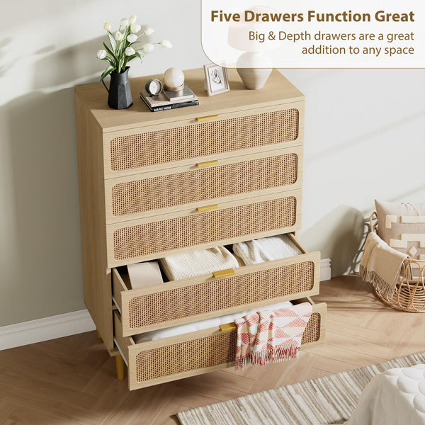 5-Drawer Rattan Dresser with Wide Top