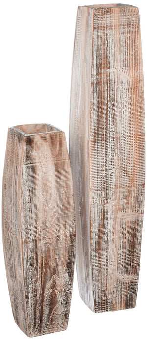 Tall Oblong Wooden Vases – Set of 2, White Washed, Large & Small
