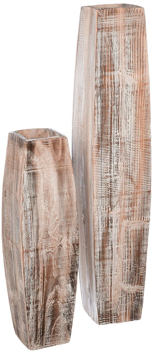 Tall Oblong Wooden Vases – Set of 2, White Washed, Large & Small