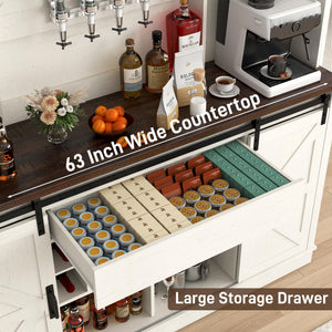 Farmhouse Coffee Bar Cabinet with LED Light & Sliding Barn Doors