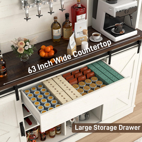 Farmhouse Coffee Bar Cabinet with LED Light & Sliding Barn Doors