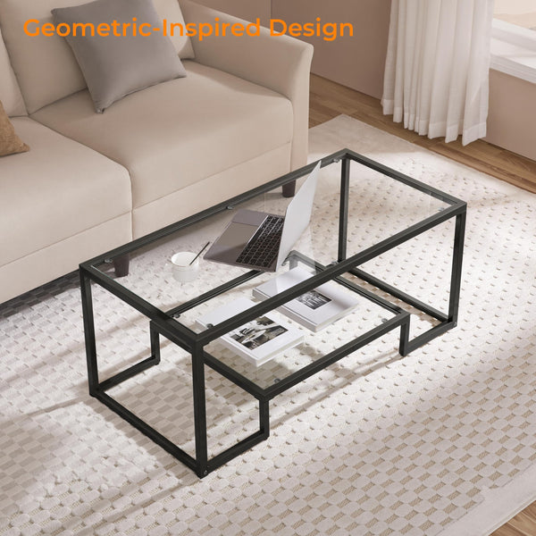 Tempered Glass Coffee Table with Open Storage Shelf