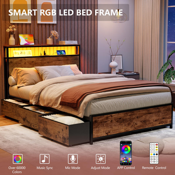 Full/Queen Platform Bed Frame with Storage Headboard, 6 Drawers & LED Lights