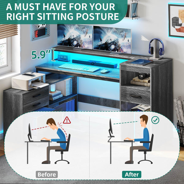 59" L-Shaped Desk with Drawers, File Cabinet, LED Lights & Power Outlets