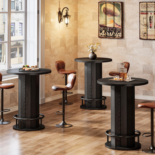 Round Farmhouse Bar Table with Wood Fence Base & Metal Footrest