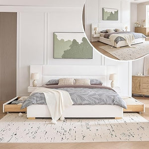 Upholstered Platform Bed Frame with Storage Drawers & Built-In Nightstands