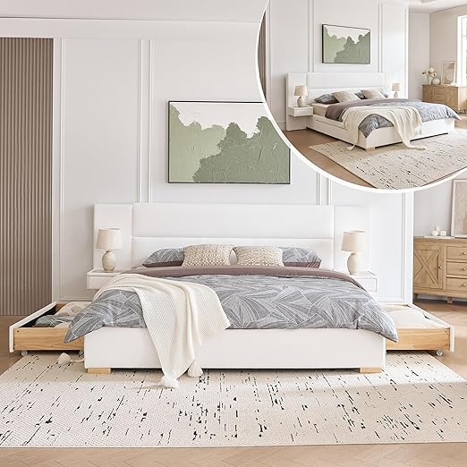 Upholstered Platform Bed Frame with Storage Drawers & Built-In Nightstands