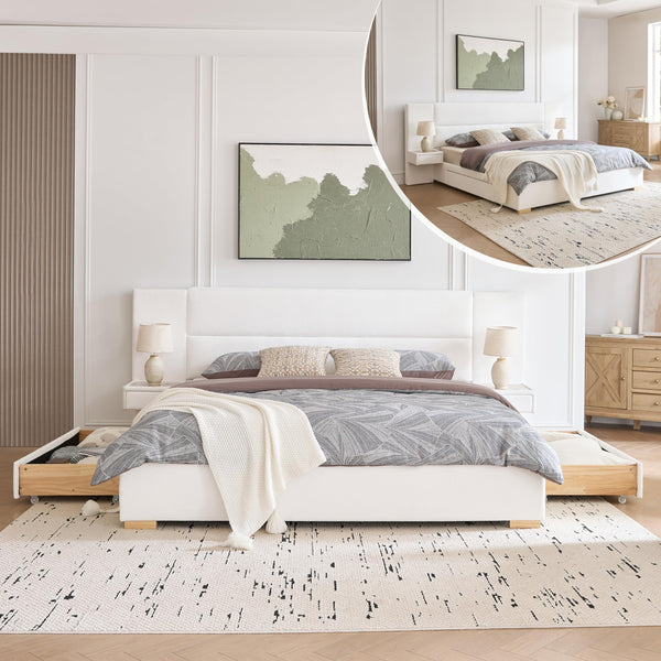 Upholstered Platform Bed Frame with Storage Drawers & Built-In Nightstands