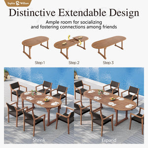 9-Piece Expandable Acacia Wood Patio Dining Set with Rattan Chairs