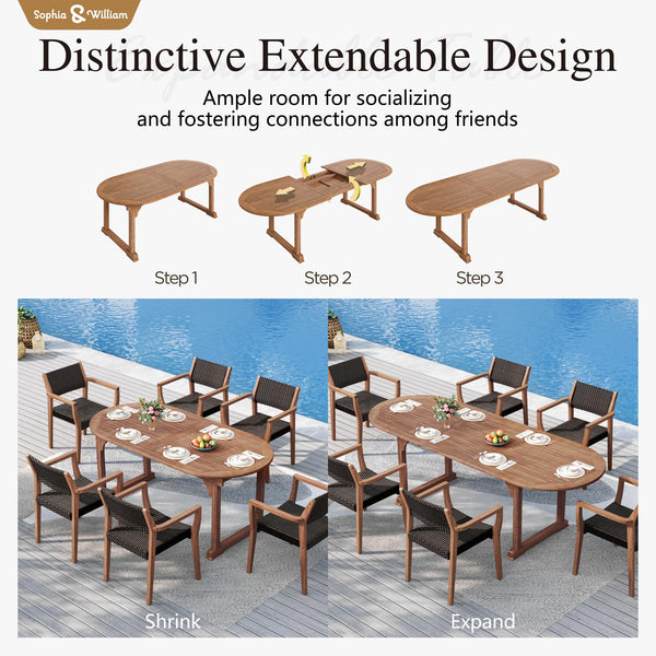 9-Piece Expandable Acacia Wood Patio Dining Set with Rattan Chairs