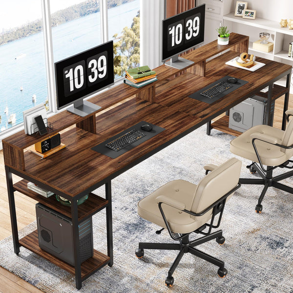 2-Person Desk with Monitor Stand & Storage Shelves, 78.74"