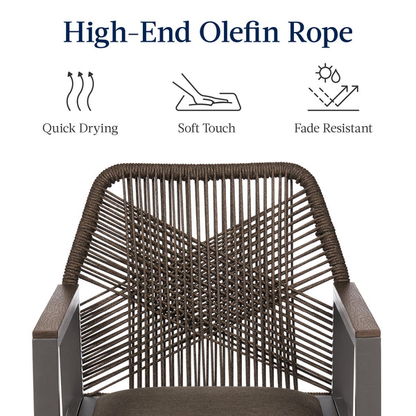 Outdoor Bar Stools Set of 2 – 360° Swivel, Aluminum Frame, Woven Rope, Armrests