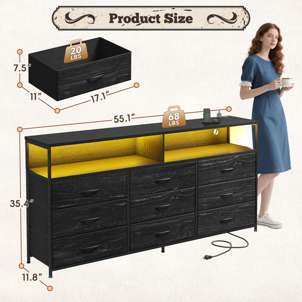 Long Dresser with 9 Drawers, LED TV Stand & Power Outlets
