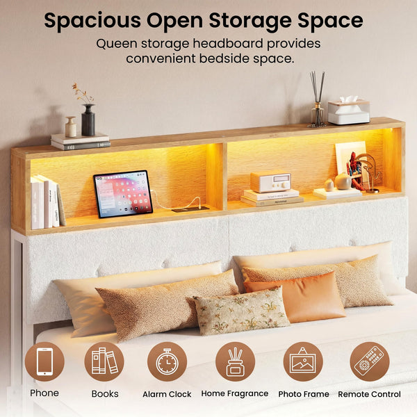 Queen Upholstered Headboard with Storage, LED Light & Charging Station