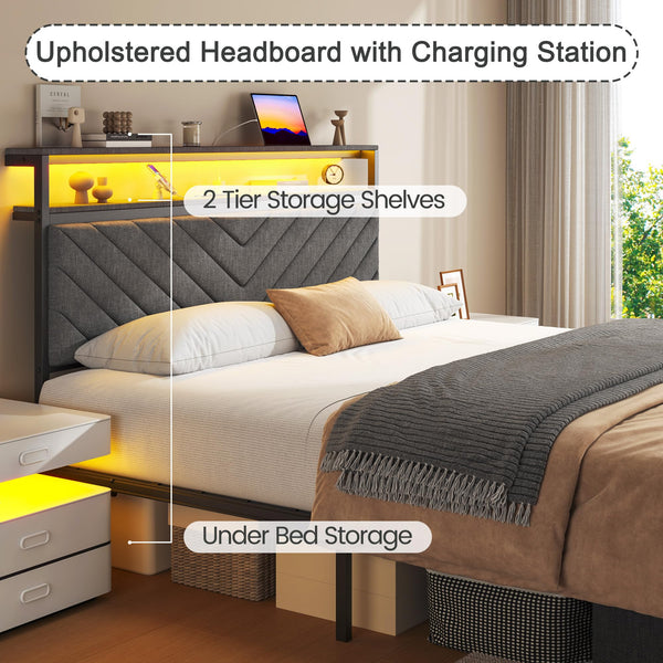 Queen Bed Frame with Storage Drawers, LED Lights & Charging Station