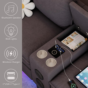 L-Shaped Sectional Sofa with Bluetooth Speaker, LED Lights & Charging Station