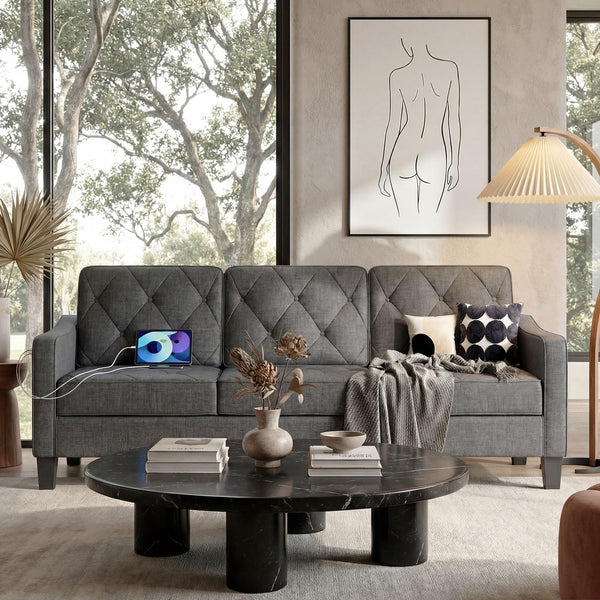 3-Seater Tufted Sofa – Linen Upholstered Couch for Living Room