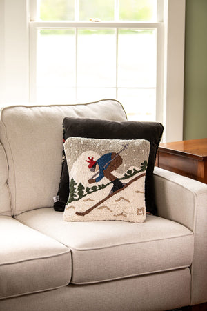 Hand-Hooked Wool Throw Pillow – Downhill Skier, 14x14, White