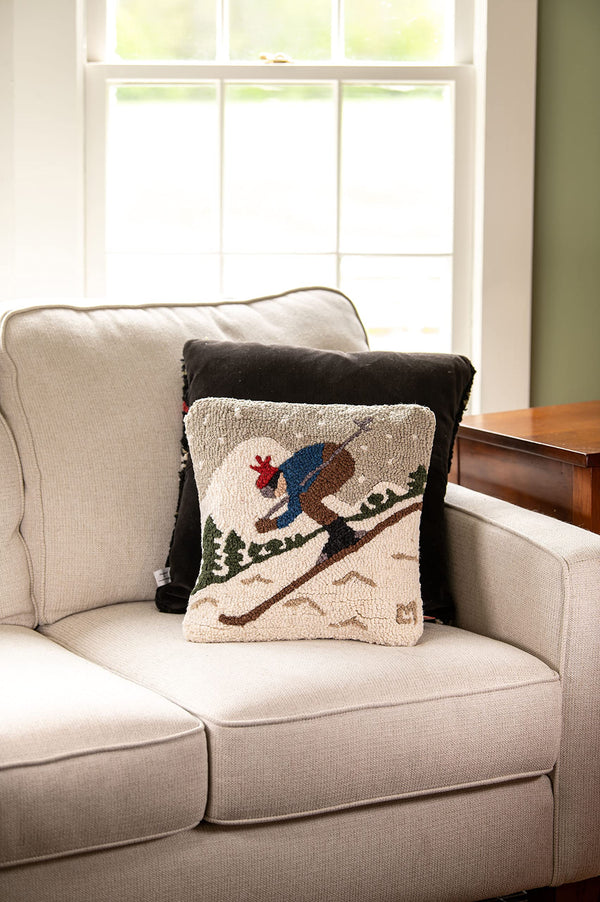 Hand-Hooked Wool Throw Pillow – Downhill Skier, 14x14, White