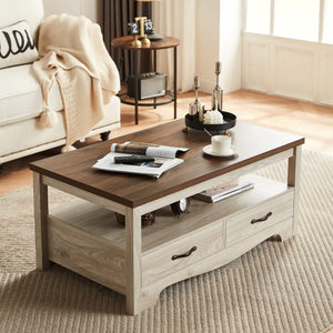 Farmhouse Coffee Table with Storage Drawers and Open Display
