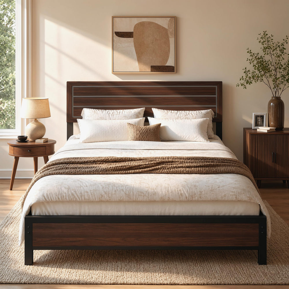 Queen & King Platform Bed Frame with Headboard | Mid-Century Modern