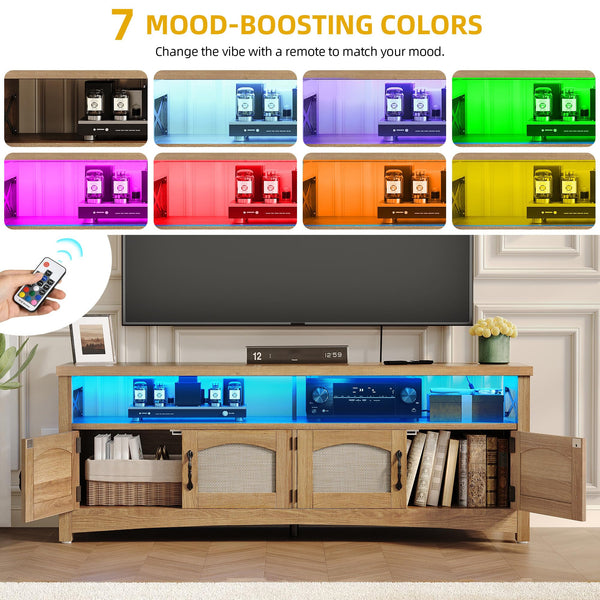 Farmhouse TV Stand with LED Lights & Storage – Fits TVs up to 65 Inch