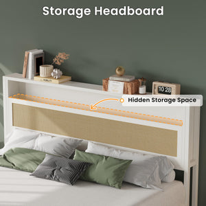 Rattan Queen Bed Frame with Storage Headboard