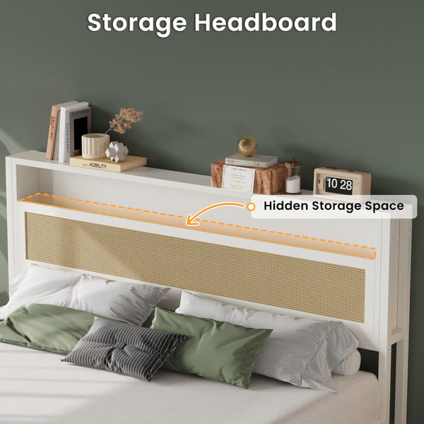 Rattan Queen Bed Frame with Storage Headboard