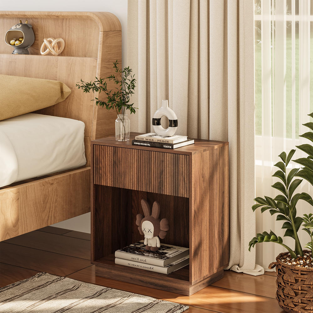Fluted Nightstands Set of 2 with Drawer and Storage Shelf