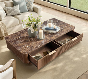 Fluted Coffee Table with Storage & Faux Marble Top