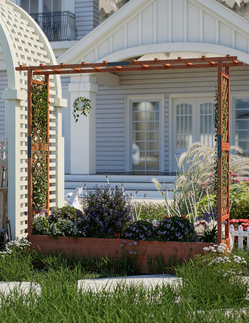 Raised Garden Bed with Trellis, Hanging Roof & Drainage Holes