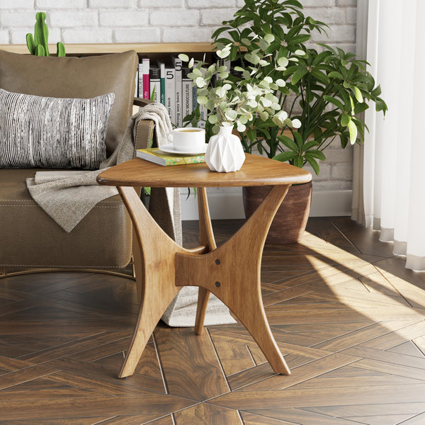 Triangle Wood End Table with Cross-Leg Base – Brown