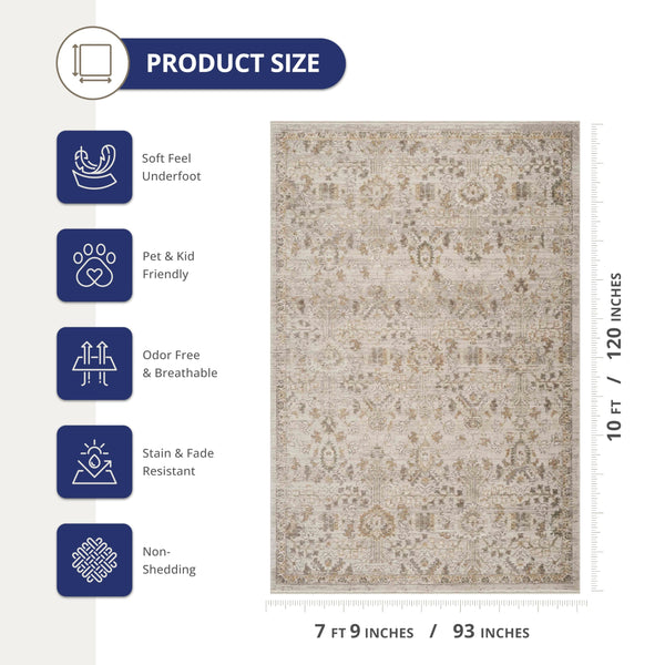 Beige Vintage Floral Area Rug – Polypropylene, Non-Shedding, Pet & Kid Friendly
