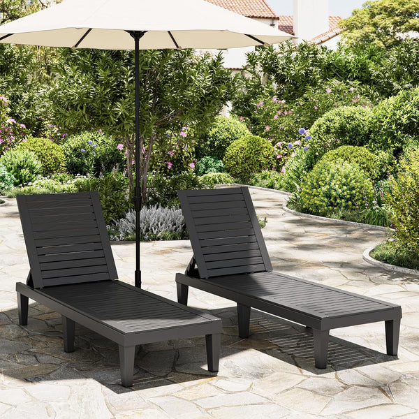 Outdoor Chaise Lounge Chairs with Adjustable Backrest – All-Weather Resin, Wood Texture