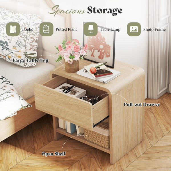 Nightstand Set of 2 with Drawer & Open Shelves – Curved Bedside End Table