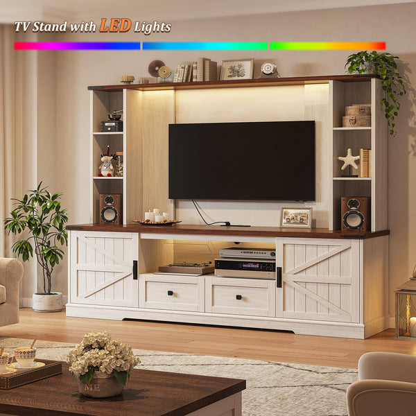 Farmhouse TV Stand with LED Lights & Power Outlets