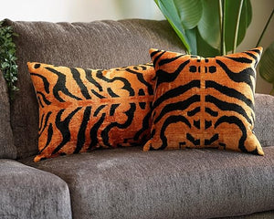 Orange Gold Tiger Print Velvet Throw Pillow with Down Feather Insert