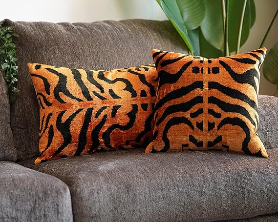 Orange Gold Tiger Print Velvet Throw Pillow with Down Feather Insert