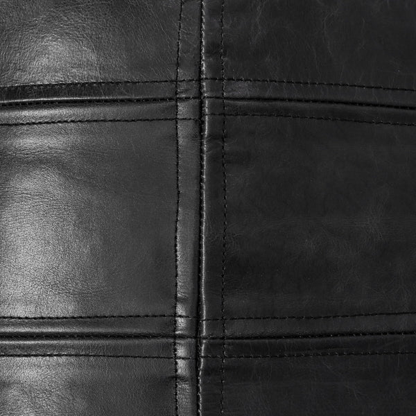 Leather Pouf Ottoman – Round Footstool, Black, 18"x18"x14"