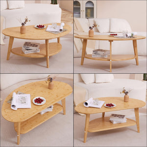 Oval Bamboo Coffee Table with Lower Storage Shelf